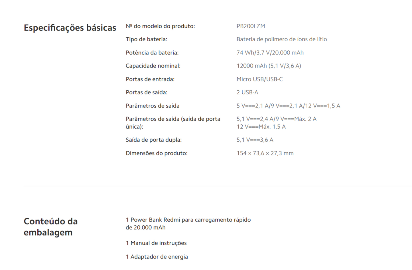 Xiaomi 18W Fast Charge Power Bank 20000 mAh Especificacoes basicas
