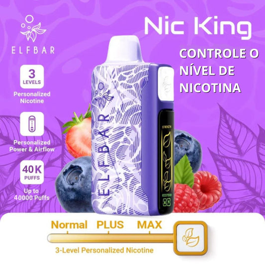Elfbar Nic King 40K pod descartável preto, 40000 puffs, com ajuste de nicotina, sabores intensos e longa duração – disponível na ShopMaxxPro