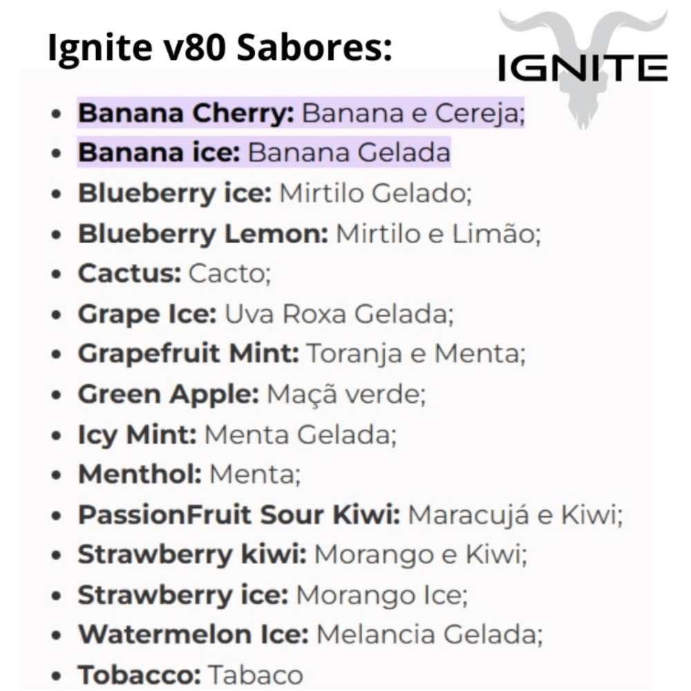 Pod descartável Ignite V80 Vape 8000 Puffs com bateria recarregável e entrega gratuita para Balneário Camboriú e Itajaí. Varios sabores
